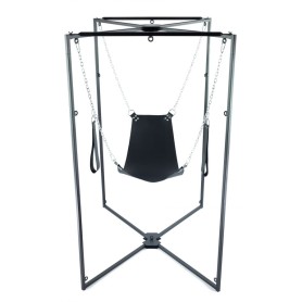 Kit sling en croix BDSM avec cuir noir, structure métal, chaînes et repose-pieds – 4 points d'attache