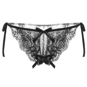 Culotte Ouverte en Dentelle Noire et Petits Nœuds