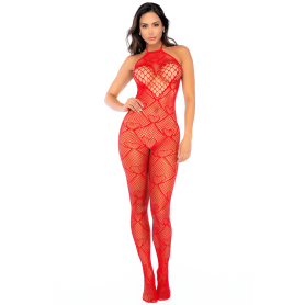 Bodystocking Résille Rouge à Motif Coeur
