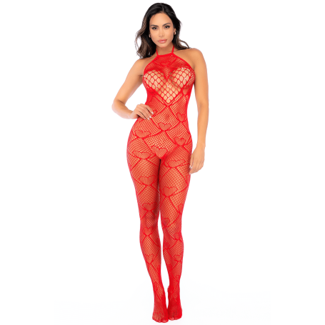 Bodystocking Résille Rouge à Motif Coeur