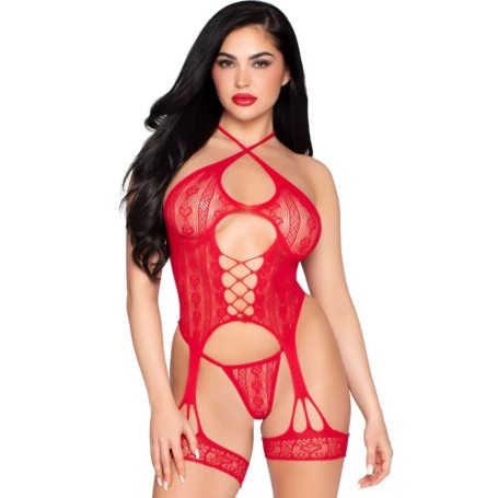Ensemble Lingerie Résille Rouge à Jarretelles et String
