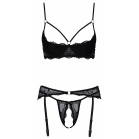 Ensemble Dentelle 3 pièces Seins Nus et String Fendu