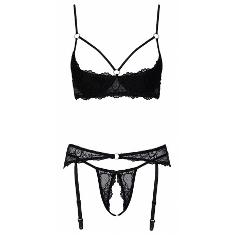 Ensemble Dentelle 3 pièces Seins Nus et String Fendu