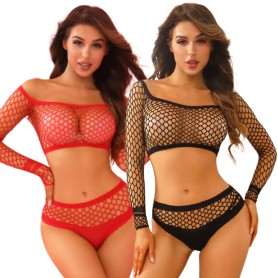 Ensemble lingerie résille 2 pièces J Lingerie noir et rouge